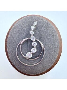 Cubic Zirconia Double Circle Pendant Sterling Silver 925 Size 1.25" Length